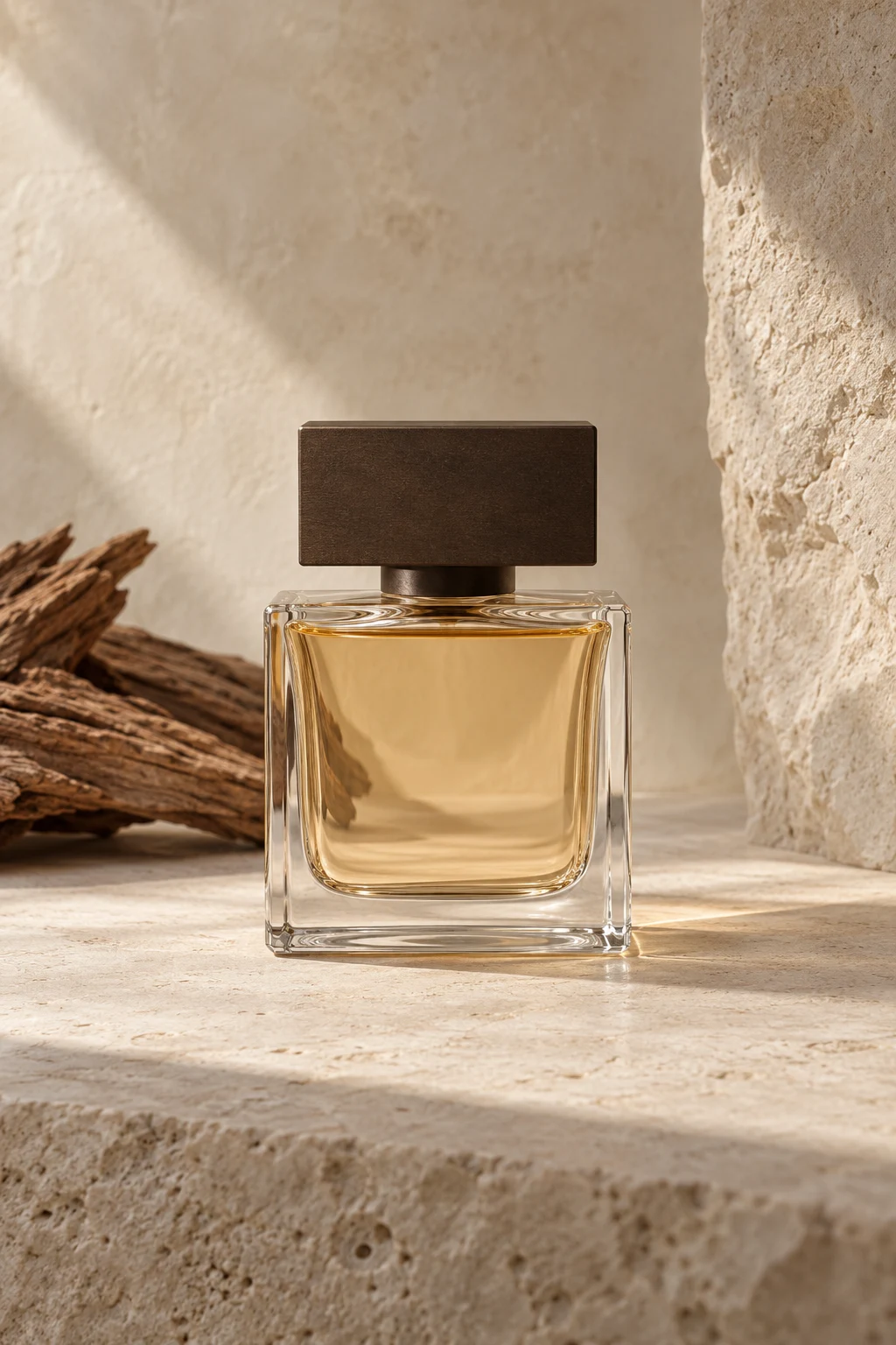 Unbranded perfume bottle on warm limestone